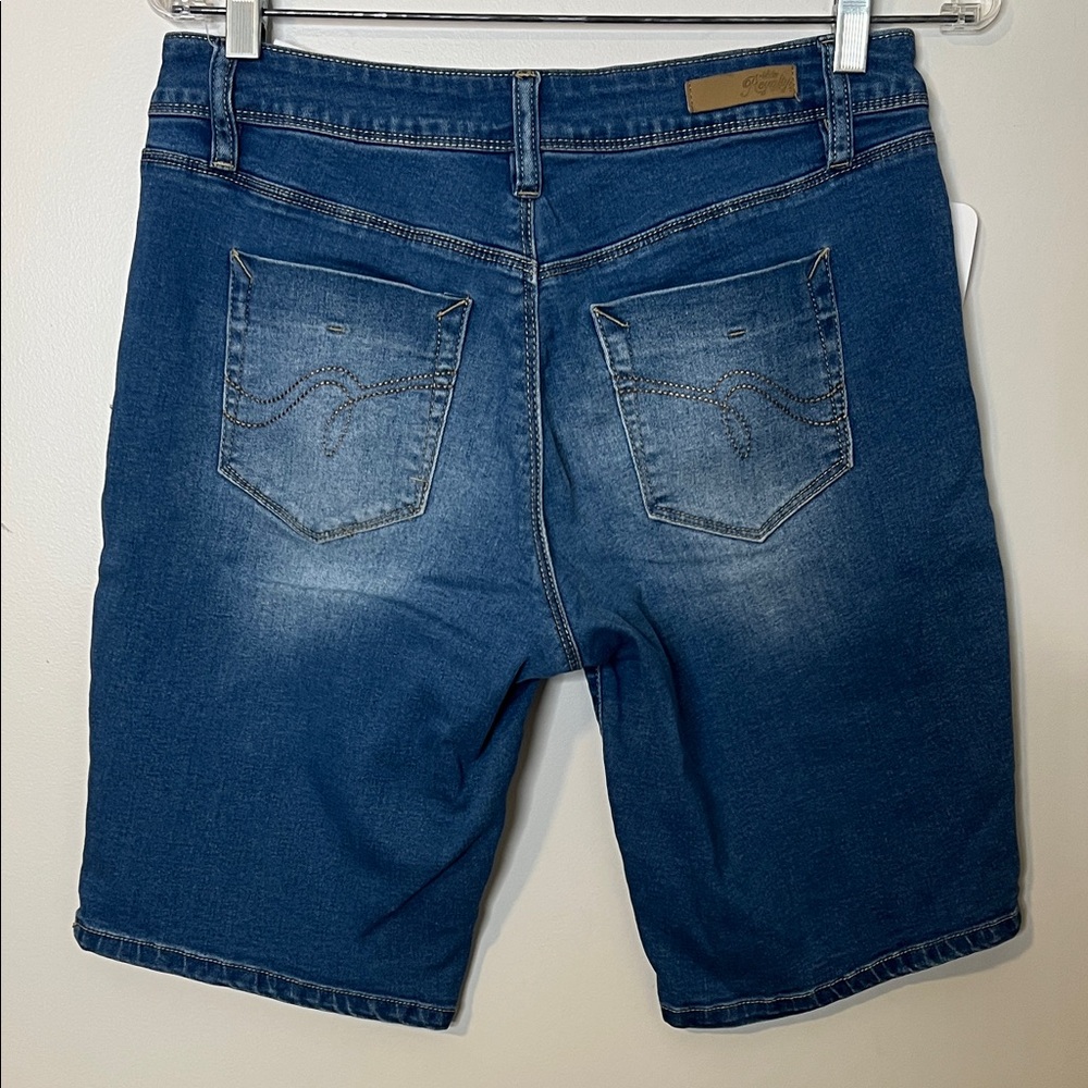 women’s stretchy Dark Blue Faded Denim Jean Shorts - Picture 7 of 8